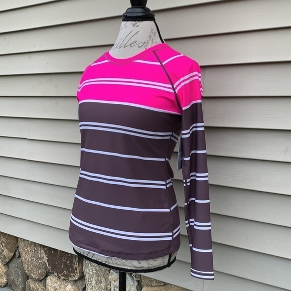 Athleta Colorblock Striped Pink/Brown/White Long-sleeve Rash-guard - Picture 4 of 13